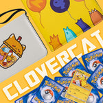 a group of objects on a yellow background with text: 'Pikachu w Meal Time coin you get for draw a Gnaw 20 --- CLOVERCAT'