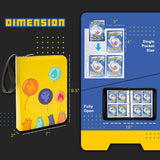 a yellow and blue pocket book with images of balloons and a black background with text: 'DIMEnSION Single Pocket Size 9.5" Fully Open --- --- --- 16"'