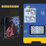 a black wallet with a red dragon design with text: 'DIMEnSION - . 14" Single Pocket Size POKEMON 9.5" Fully Open --- ---'