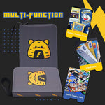 a wallet with a cartoon character and cards with text: 'TRAINER MULTI-FUnCTION m Finder Discard of the other cards from your hand in order to put Card your discard Machamp 100 Gaming Trading Cards VISA BUSINESS VISA CARD VISA Credit Card 012 0197 3 3 3 3 W Sports Trading Card'