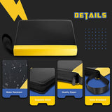 a black and yellow case with blue and yellow labels with text: 'DETAILS Water Resistant Quality Zipper Exquisite Stitch Extra Wristband'