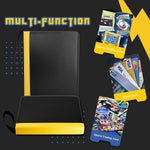 a yellow and black card case with cards with text: 'TRAINER m Finder your hand in order to mULTI-FUnCTION card your discard into your Machamp Gaming Trading Cards VISA BUSINESS VISA CARD VISA Credit Card 012 0197 Sports Trading Card'