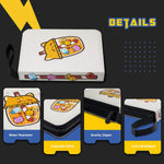 a white wallet with cartoon characters on it with text: 'DETAILS . Water Resistant Quality Zipper Exquisite Stitch Extra Wristband'