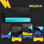 a black and blue case with yellow labels with text: 'DETAILS Water Resistant Quality Zipper Exquisite Stitch Extra Wristband'