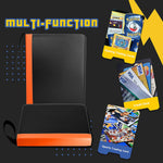 a black and orange card case with cards with text: 'TRAINER n Finder Discard 2 of the other cards in card your discard pile into your Machamp Gaming Trading Cards VISA BUSINESS VISA CARD VISA Credit Card 012 0197 Sports Trading Card'