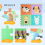 a puzzle pieces with cartoon animals with text: 'DETAILS Easy to clean Non-slip Colorful Perfect Cut'