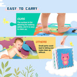 a baby's feet and a baby's bag with text: 'EASY TO CARRY OURS The surface is flat allowing for walking safely, and it is easy to clean up. OTHERS Small parts could lead to falling and make clean up difficult.'