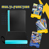 a black and blue card case with cards with text: 'TRAINER m Finder 2 of the other cards from your hand in order to put a mULTI-FUnCTION card your discard your Machamp 100 Gaming Trading Cards . VISA BUSINESS VISA CARD VISA Credit Card 0197 Sports Trading Card'