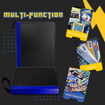 a black and blue card case with cards with text: 'TRAINER m Finder Discard of the other cards your hand in order to card your your Machamp 100 Gaming Trading Cards . . VISA VISA CARD VISA Credit Card 0197 91. Sports Trading Card'