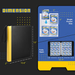 a blue and yellow package with a black cover with text: 'DIMEnSION 4" Single Pocket Size 13" Fully Open --- 22.4" 2 10.6" . .'