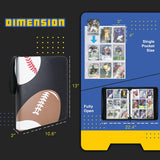 a photo album with a football and a football with text: 'DIMEnSION . Single Pocket Size 13" 52 Fully 52 Open 22.4" - 10.6"'