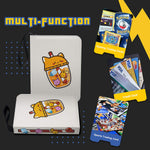 a group of cards and a wallet with text: 'TRAINER Finder mULTI-FUnCTIon Discard 2 of the cards from card from your dise Machamp 100 HPC Gaming Trading Cards VISA BUSINESS VISA CARD VISA ... Credit Card 012 0197 Sports Trading Card'