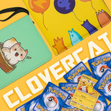 a group of objects on a yellow surface with text: 'Pikachu Meal Time you get for draw a Gnaw 20 CLOVERCAT'