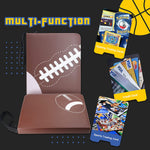 a football wallet and cards with text: 'TRAINER m Finder mULTI-FUnCTION in card your discard your Machamp 100 Gaming Trading Cards . VISA BUSINESS VISA CARD VISA Credit Card 012 0197 Sports Trading Card'