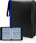 a black leather case with a blue and white card holder