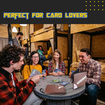 a group of people sitting around a round table playing cards with text: 'PERFECT FOR CARD LOVERS'