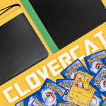 a group of cards and a wallet with text: 'Pikachu Meal Time coin you for draw a card. Gnaw 20 CLOVERCAT'